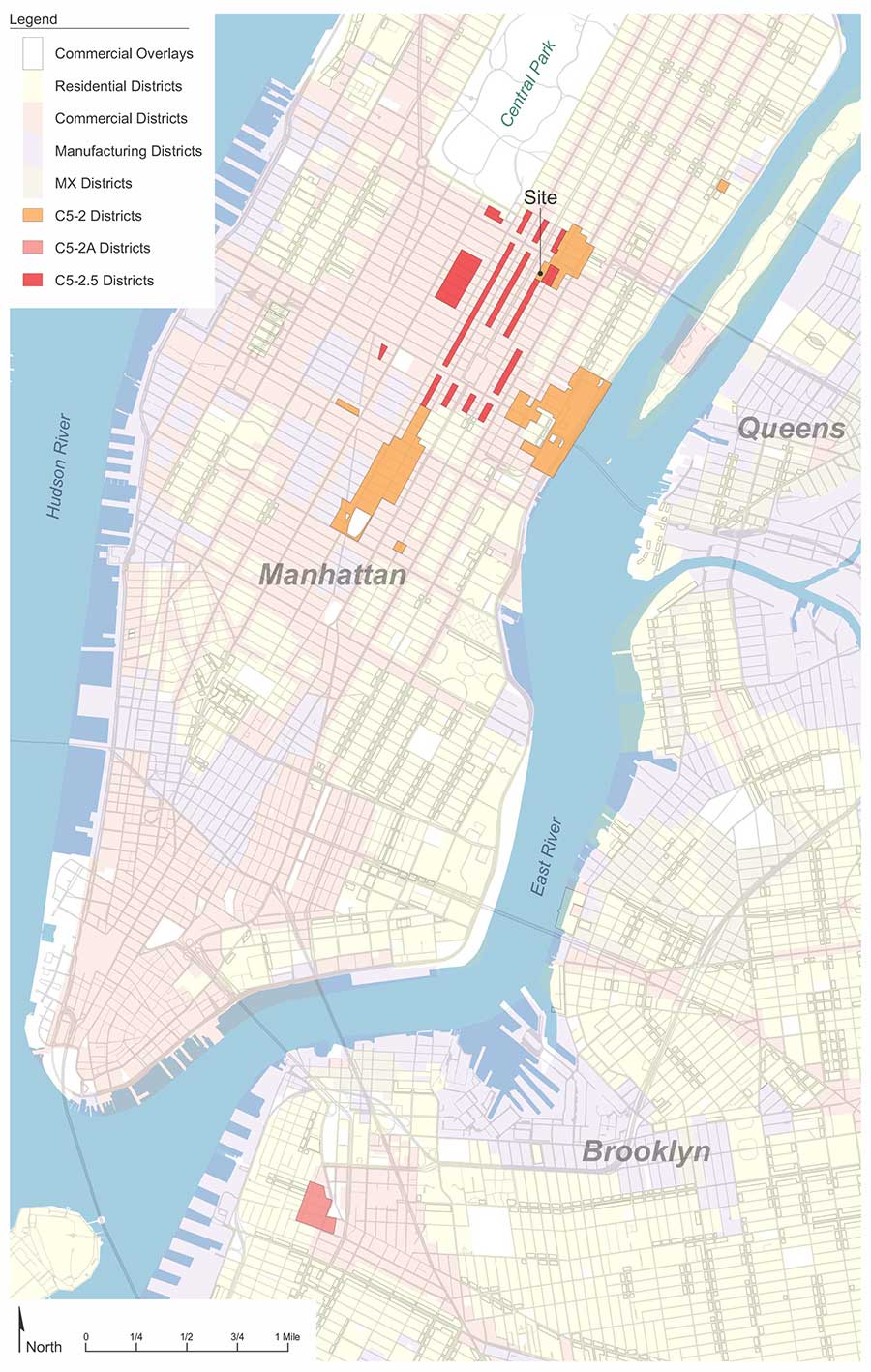 Map showing zones across lower Manhattan and adjacent boroughs, highlighting certain commercial zones in reds and oranges.
