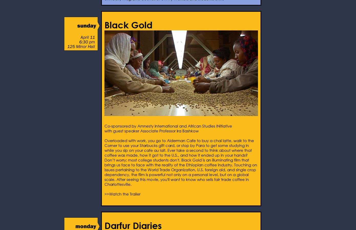One of the films at the festival, Black Gold, with the date and location in a callout box on the left and an image and description on the right.