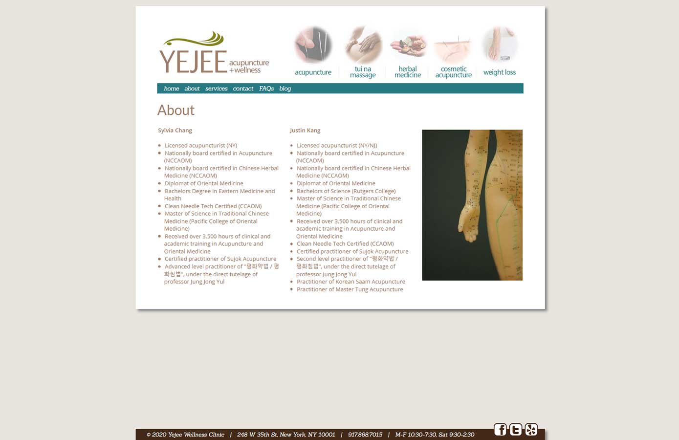 Yejee's about page, listing the credentials of both of the co-founders.