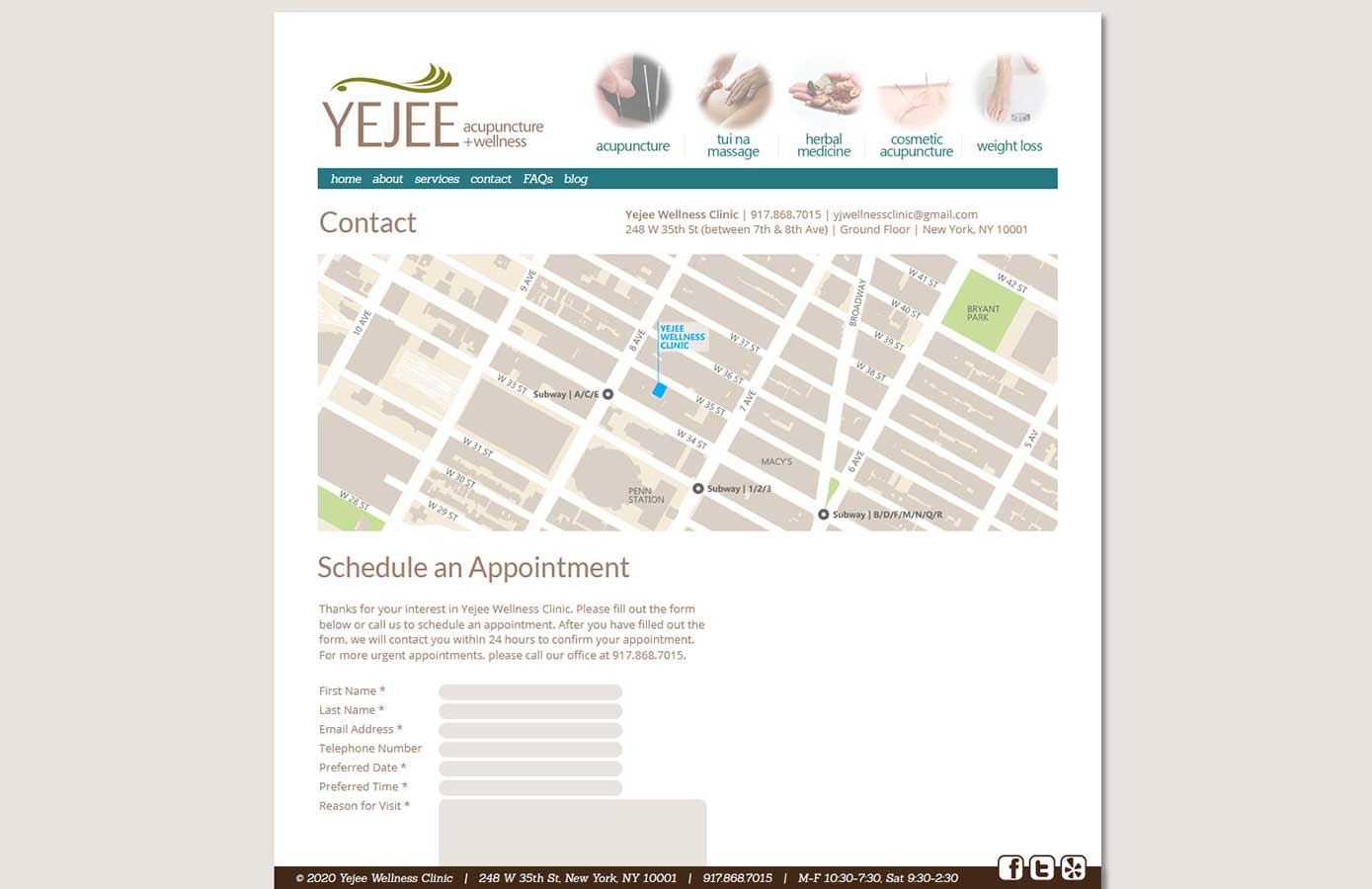 Yejee's contact page, showing a custom map made to match the site. An appointment scheduling form is below.